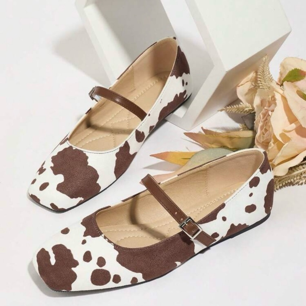 Brown and White Cow Print Women's Mary Jane Flats